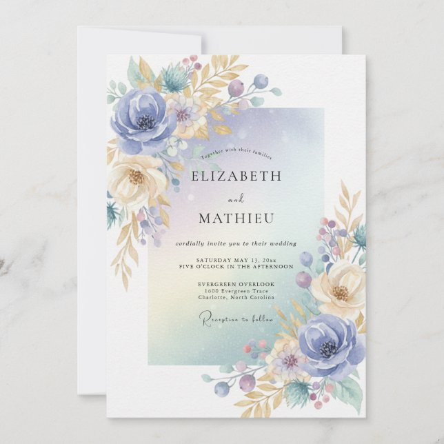 Periwinkle Gold Foliage Eucalyptus Wedding Invitation (Front)