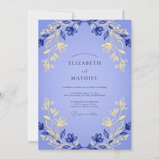 Periwinkle Gold Foliage Grey Eucalyptus Wedding Invitation (Front)