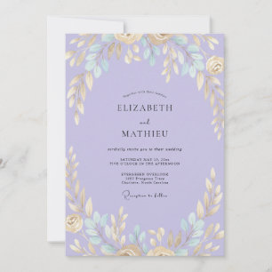 Periwinkle Gold Foliage Muted Eucalyptus Wedding Invitation