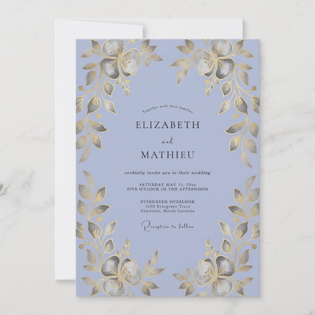 Periwinkle Gold Leaf Wedding Invitation (Front)