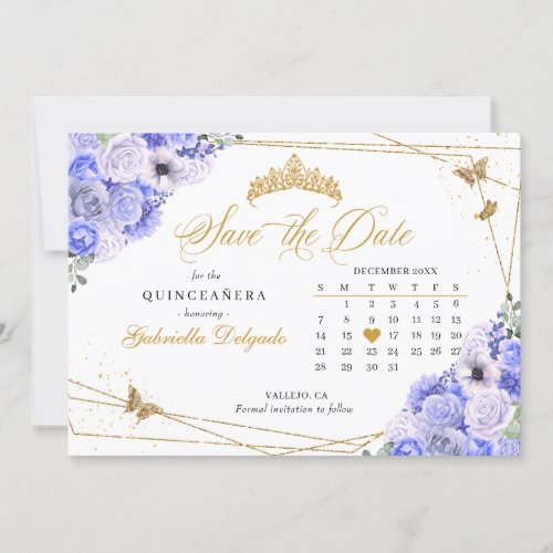 Periwinkle  Gold Quinceaera Save The Date Invitation