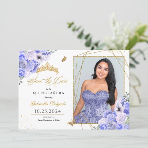 Periwinkle  Gold Quinceaera Save The Date Photo Invitation