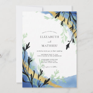 Periwinkle Gold Sprig Eucalyptus Wedding Invitation