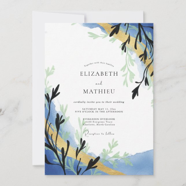 Periwinkle Gold Sprig Eucalyptus Wedding Invitation (Front)