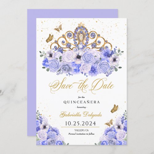 Periwinkle  Gold Tiara Save The Date Quinceaera Invitation