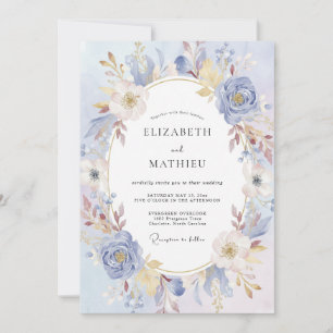 Periwinkle Gold Wreath Wedding Invitation