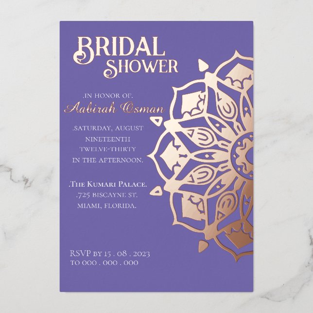 Periwinkle GoldIndian Henna Mandala Bridal Shower  Foil Invitation (Front)