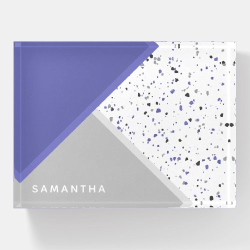  Periwinkle Gray Tiny Geometric Terrazzo with Name Paperweight