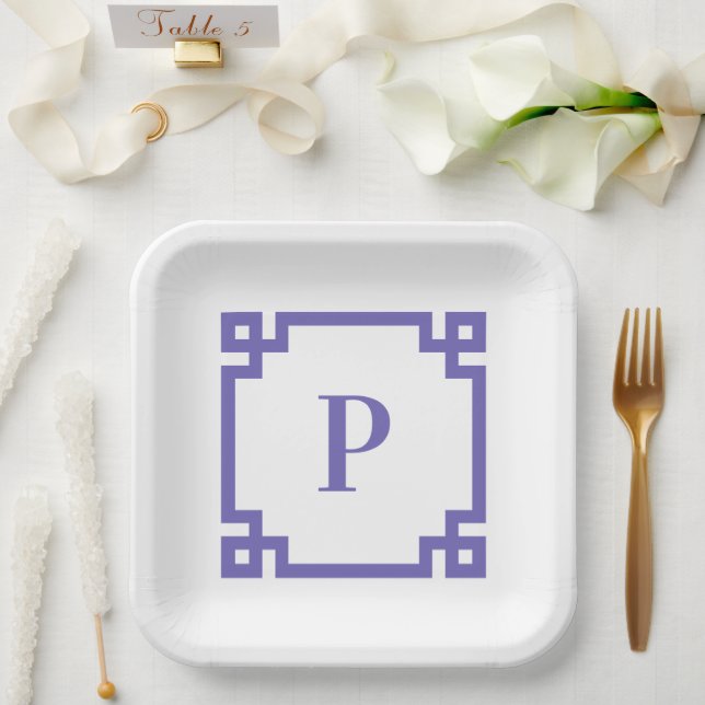 Periwinkle Greek Key Square Border Monogram Paper Plates (Wedding)