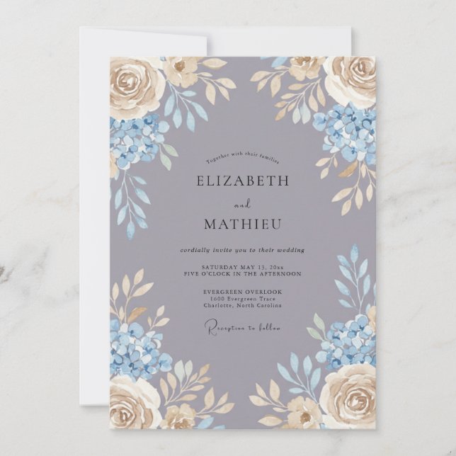 Periwinkle Grey Hydrangea Romantic Wedding Invitation (Front)