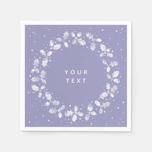 Periwinkle Hand Printed Holly Wreath Christmas Napkins (Front)