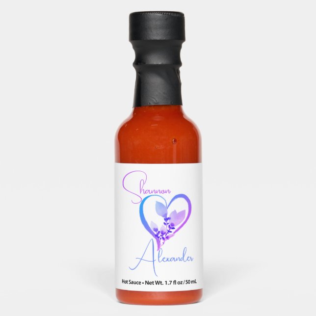 Periwinkle Heart Wedding Favor Bottle Hot Sauces (Front)