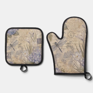 Periwinkle Hydrangea and Shabby Chic Dragonfly Oven Mitt & Pot Holder Set