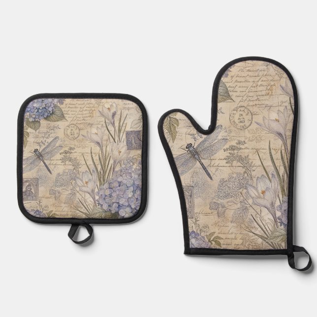 Periwinkle Hydrangea and Shabby Chic Dragonfly Oven Mitt & Pot Holder Set (Front)