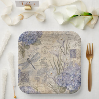 Periwinkle Hydrangea and Shabby Chic Dragonfly Paper Plates