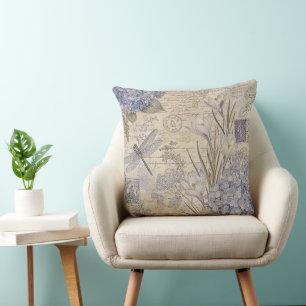 Periwinkle Hydrangea and Shabby Chic Dragonfly Throw Pillow