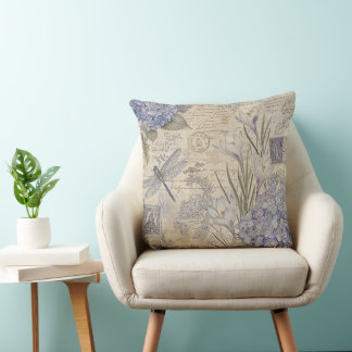 Periwinkle Hydrangea and Shabby Chic Dragonfly Throw Pillow