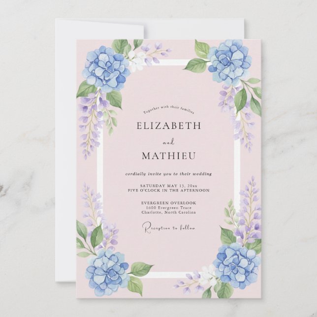 Periwinkle Hydrangea Wisteria Wedding Invitation (Front)