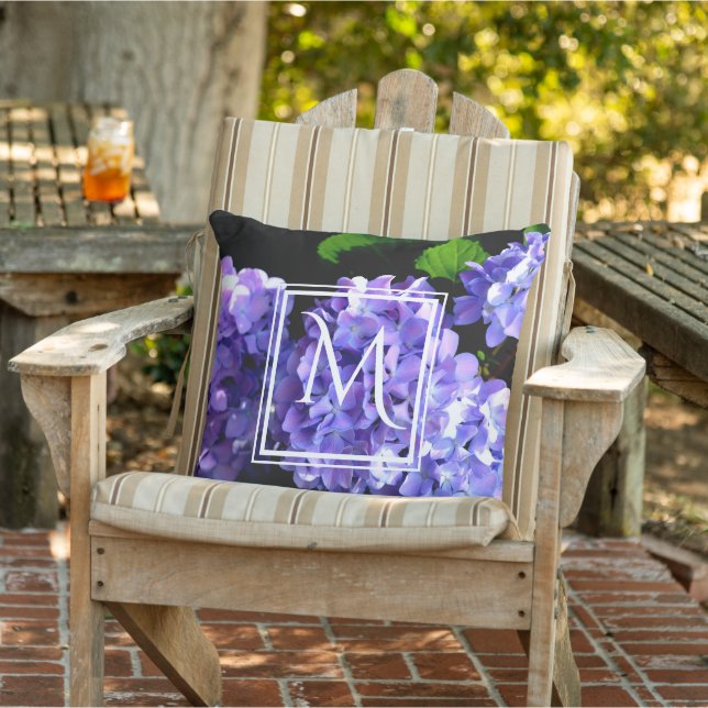 Periwinkle hydrangeas purple blue flower floral outdoor pillow (Chair)