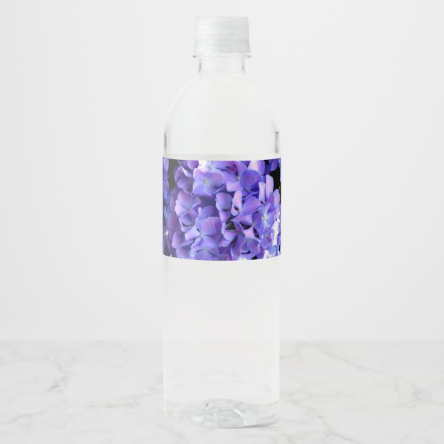 Periwinkle hydrangeas purple blue flower floral water bottle label (Front)