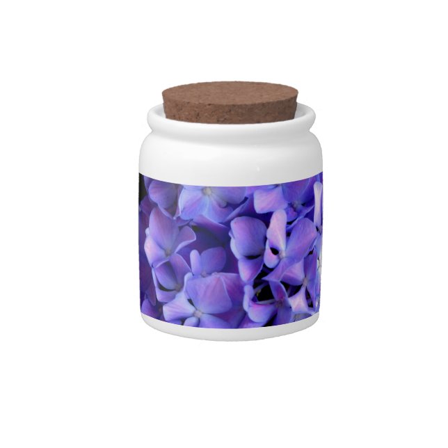 Periwinkle hydrangeas purple flowers blue flowers candy jar (Front)