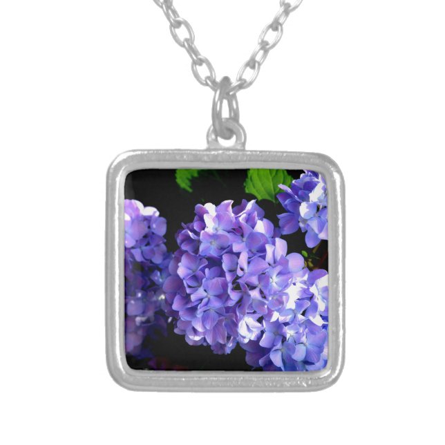 Periwinkle hydrangeas purple flowers blue flowers silver plated necklace (Front)