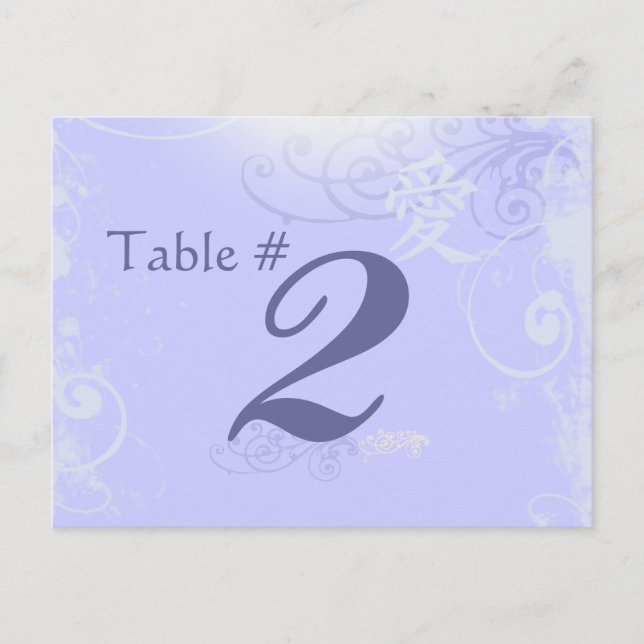 Periwinkle Kanji Love Swirl Wedding Table Number (Front)
