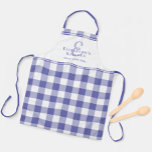Periwinkle Kitchen Monogram Name Gingham Check Apron<br><div class="desc">Cute kitchen design features a template for custom name and initial and "Made With Love" in stylish lettering and script in trendy shades of periwinkle blue on crisp white showcased on a classic gingham style buffalo check pattern in stylish periwinkle blue and white. Keep "Made With Love" text or replace...</div>