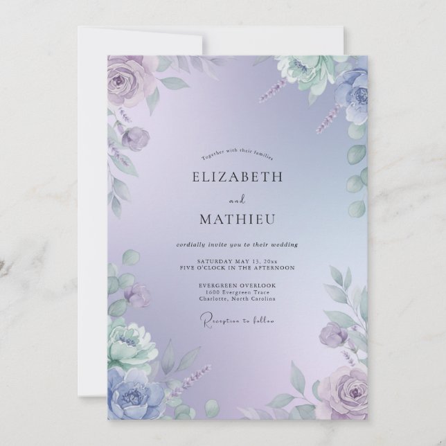 Periwinkle Lavender Leafy Wedding Invitation (Front)