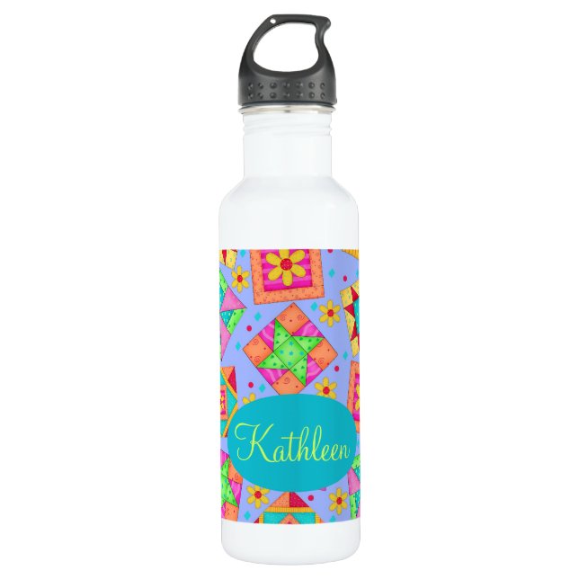 Periwinkle Lavender Quilt Patchwork Blocks Art Stainless Steel Water Bottle (Front)