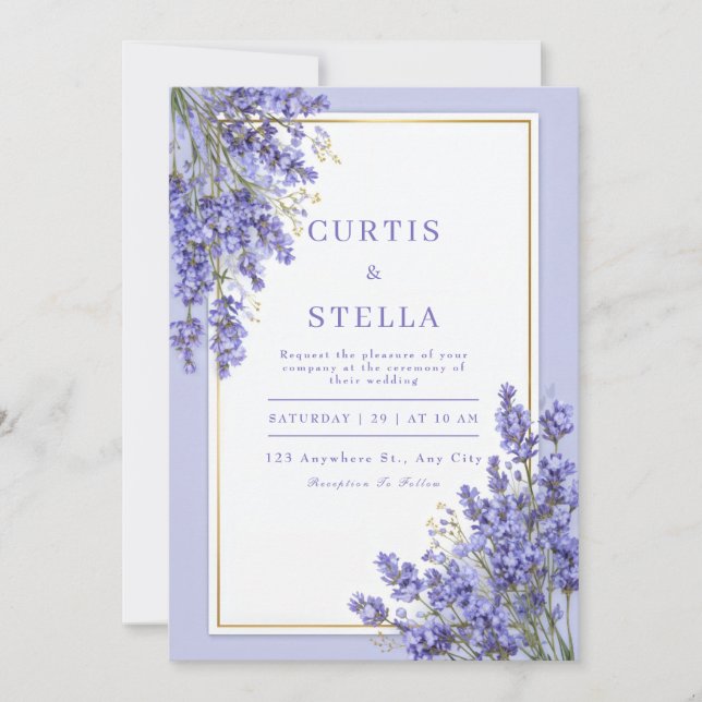 Periwinkle Lavender Romantic Gold Frame Wedding Invitation (Front)