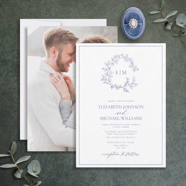 Periwinkle Leafy Crest Monogram Photo Wedding Invitation (Creator Uploaded)