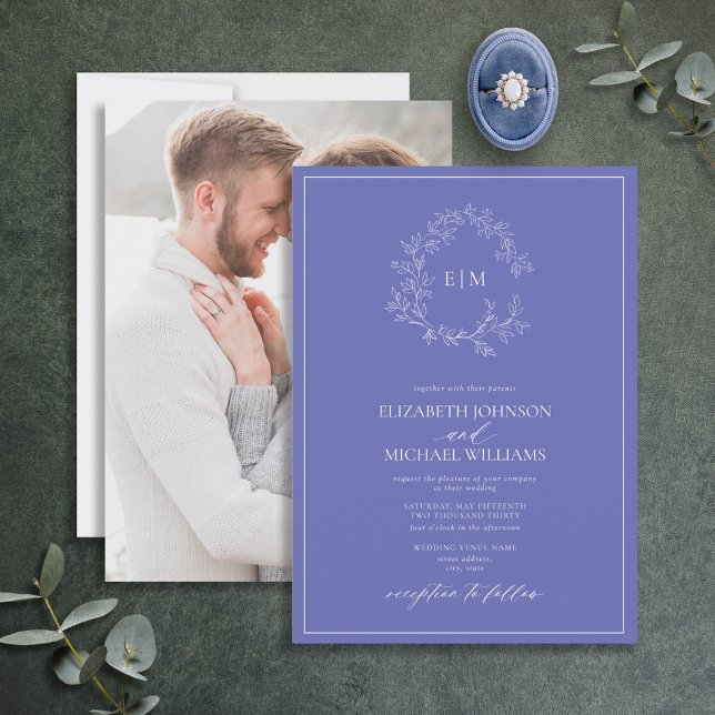 Periwinkle Leafy Crest Monogram Photo Wedding Invitation (Creator Uploaded)