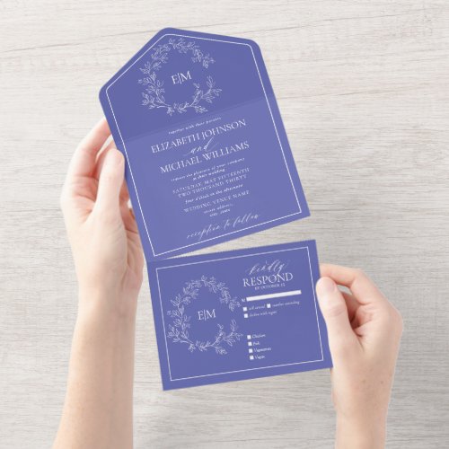 Periwinkle Leafy Crest Monogram Wedding All In One Invitation