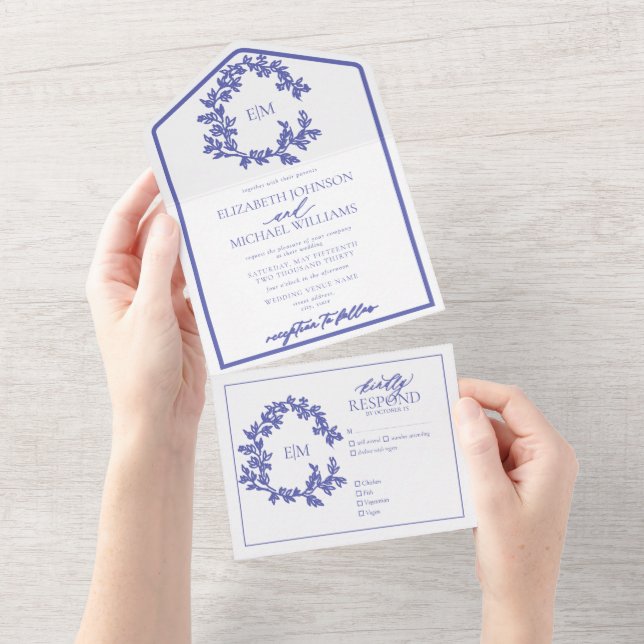 Periwinkle Leafy Crest Monogram Wedding All In One Invitation (Tearaway)