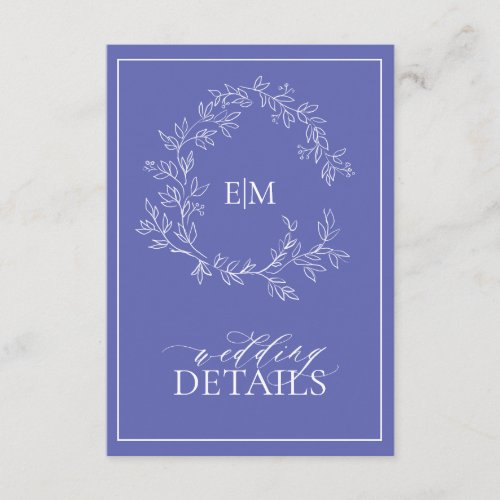 Periwinkle Leafy Crest Monogram Wedding Details Enclosure Card