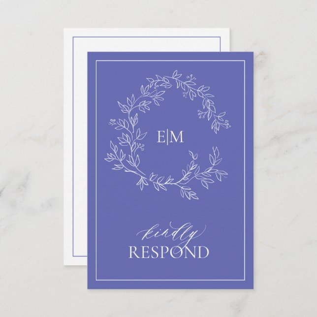 Periwinkle Leafy Crest Monogram Wedding RSVP Card (Front/Back)