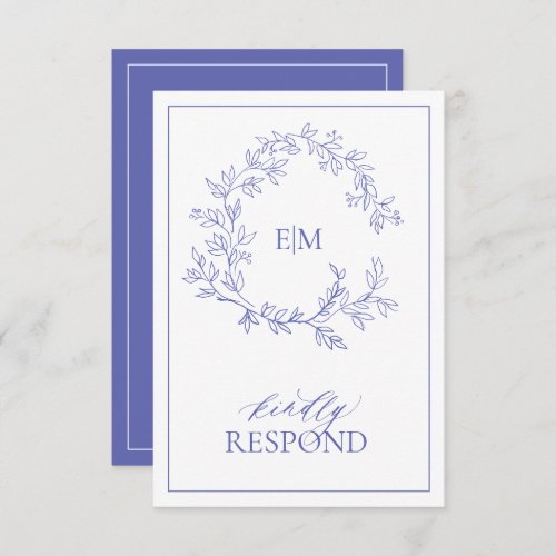 Periwinkle Leafy Crest Monogram Wedding RSVP Card