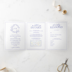 Periwinkle Leafy Crest Monogram Wedding Tri-Fold Invitation
