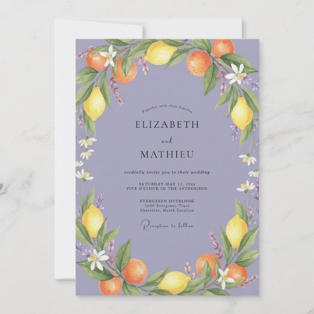 Periwinkle Lemon Citrus Sage Wedding Invitation (Front)