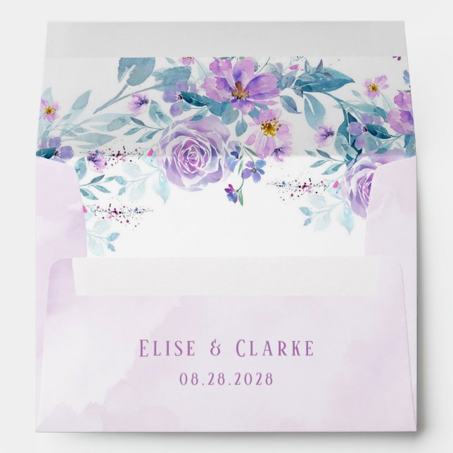 Periwinkle Lilac Botanical Peony Wreath Wedding Envelope (Back (Bottom))