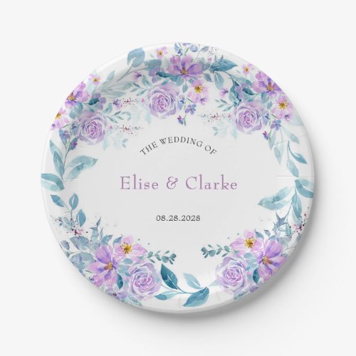 Periwinkle Lilac Botanical Peony Wreath Wedding Paper Plates