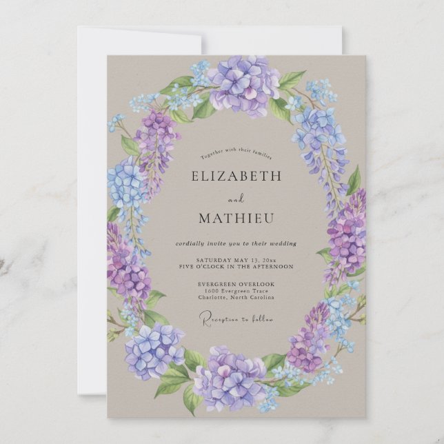 Periwinkle Lilac Hydrangea Eucalyptus Wedding Invitation (Front)