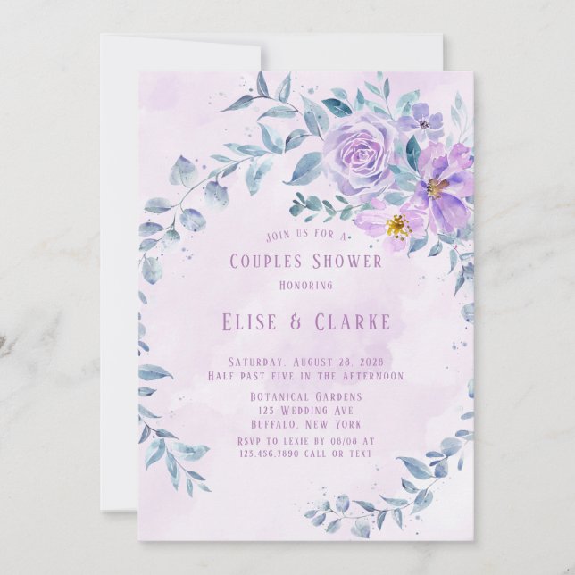 Periwinkle Lilac Peony Wreath Couples Shower Invitation (Front)