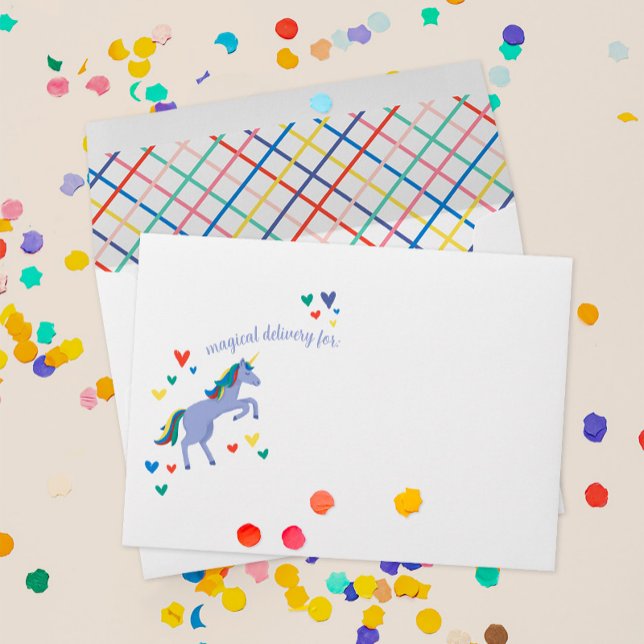 Periwinkle Magical Unicorn with Rainbow Hearts Envelope (a blue unicorn with hearts and stars promises friends a magical party on this matching envelope)