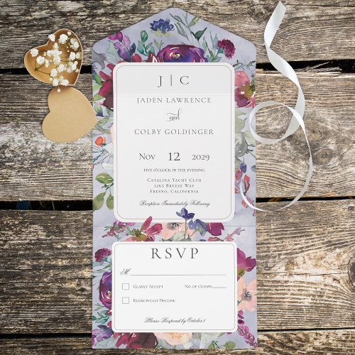 Periwinkle Maroon  Blush Rustic Floral No Dinner All In One Invitation
