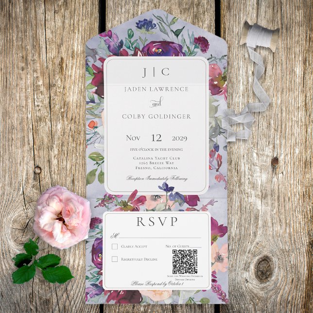 Periwinkle Maroon & Blush Rustic Floral QR Code All In One Invitation (Creator Uploaded)