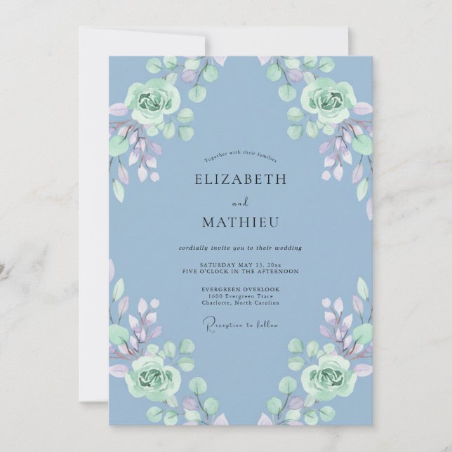 Periwinkle Mint Foliage Eucalyptus Wedding Invitation (Front)