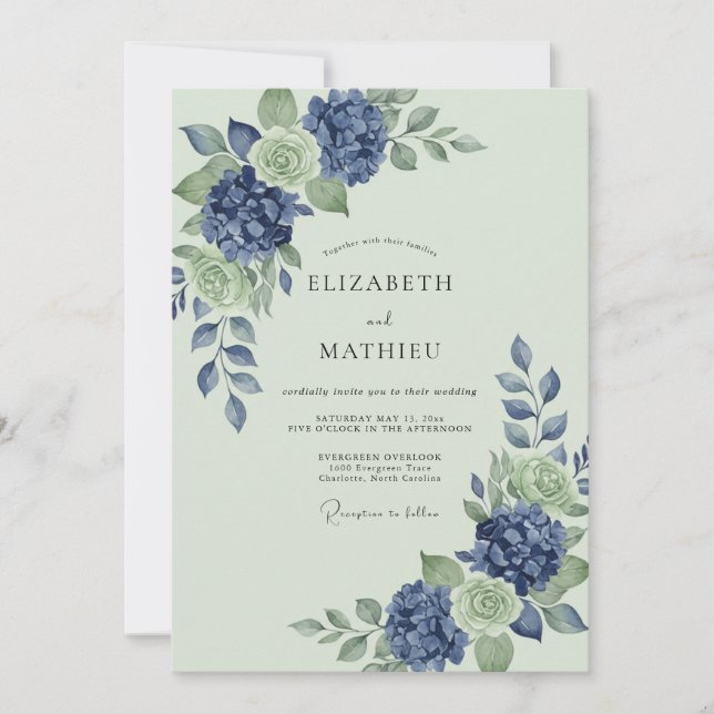 Periwinkle Mint Hydrangea Muted Eucalyptus Wedding Invitation (Front)