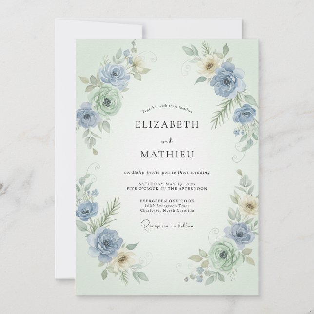 Periwinkle Mint Ranunculus Eucalyptus Wedding Invitation (Front)
